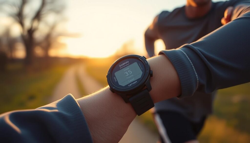 Garmin Forerunner 55 em uso durante treino de corrida ao pôr do sol