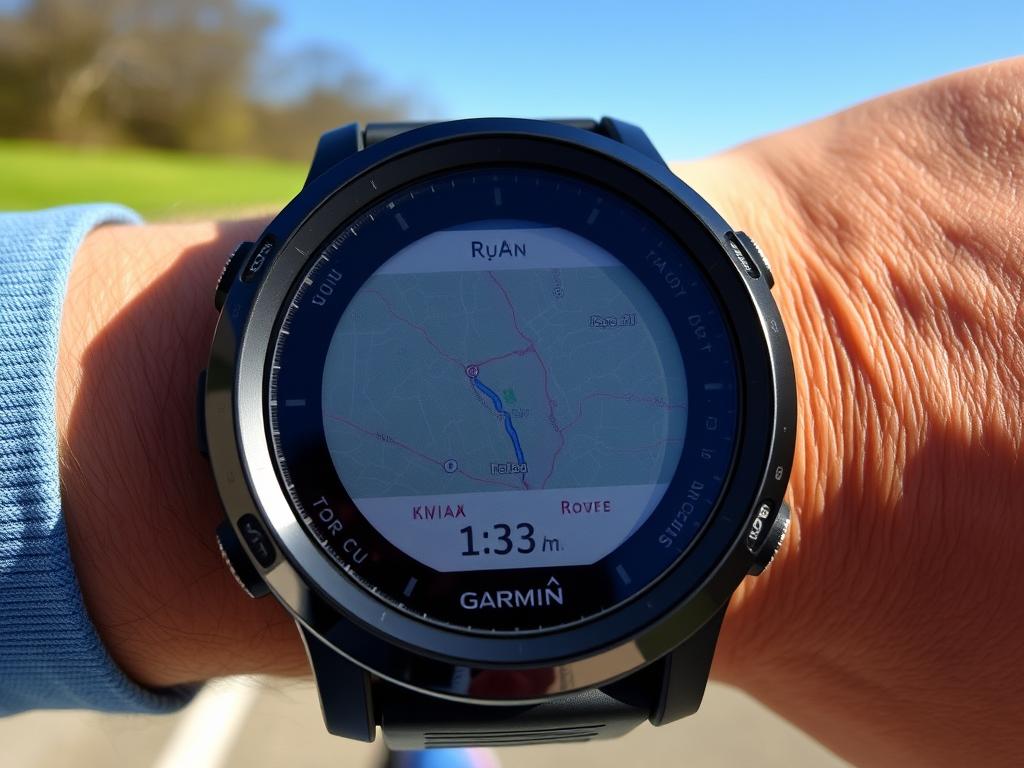 Garmin Forerunner 55 mostrando tela de GPS e monitoramento cardíaco durante corrida