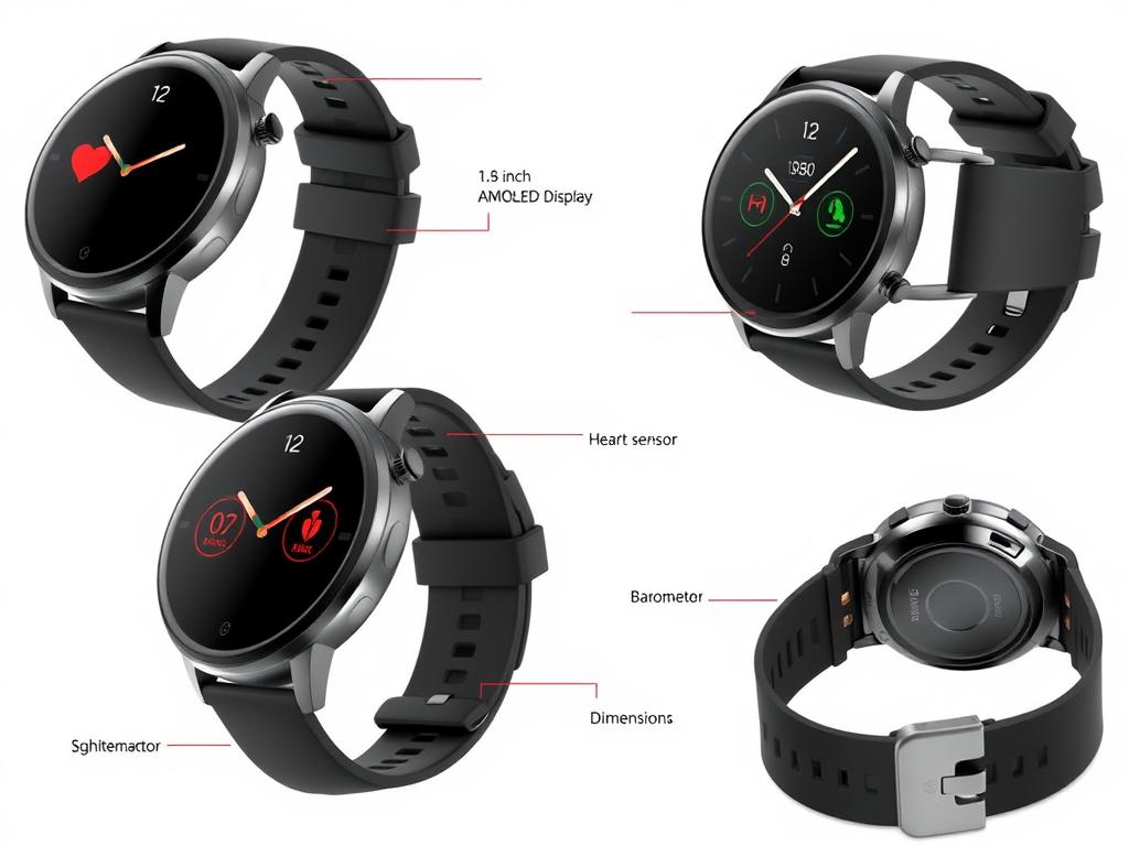 HUAWEI WATCH FIT 4 visto de diferentes ângulos mostrando suas especificações HUAWEI WATCH FIT 4 visto de diferentes ângulos mostrando suas especificações