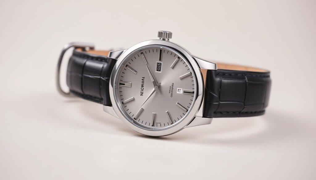 Imagem de um relógio masculino Saint Germain com pulseira de couro preta e mostrador prateado